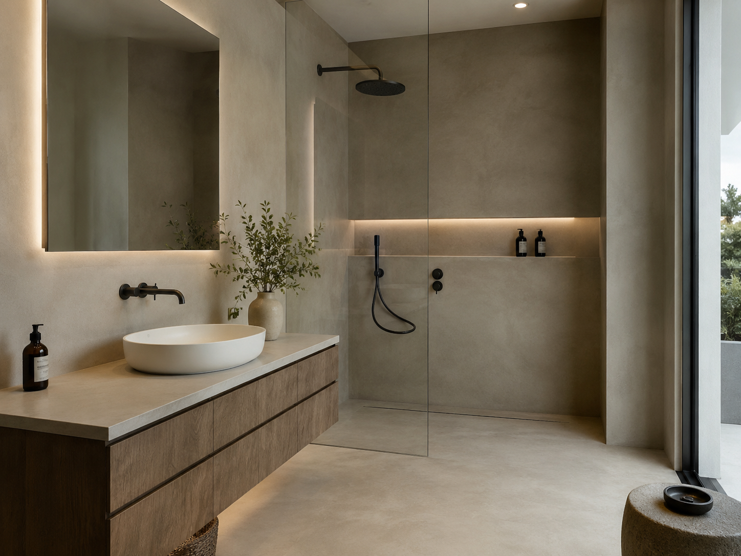 Bagno con pareti, pavimento e doccia in microcemento dai toni naturali.